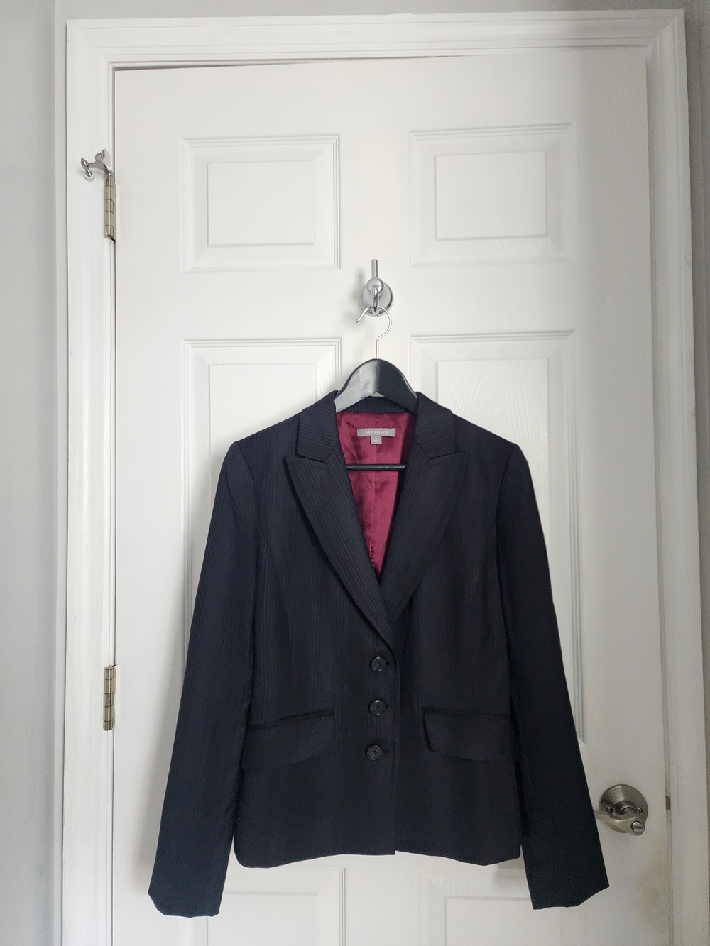 Ann Taylor Black Pinstripe Blazer with Burgundy Lining